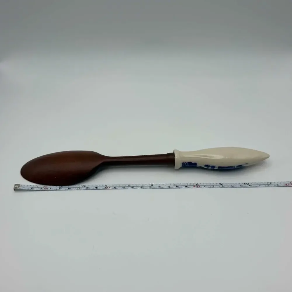 Vintage Wooden Serving Spoon Blue White Handle Dark Wood Salad Serving Spoon